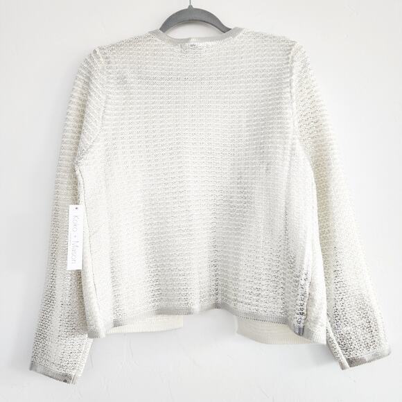Koko + Mason Metallic Silver & White Knit Open Cardigan with Pockets Size Large - Picture 3 of 7